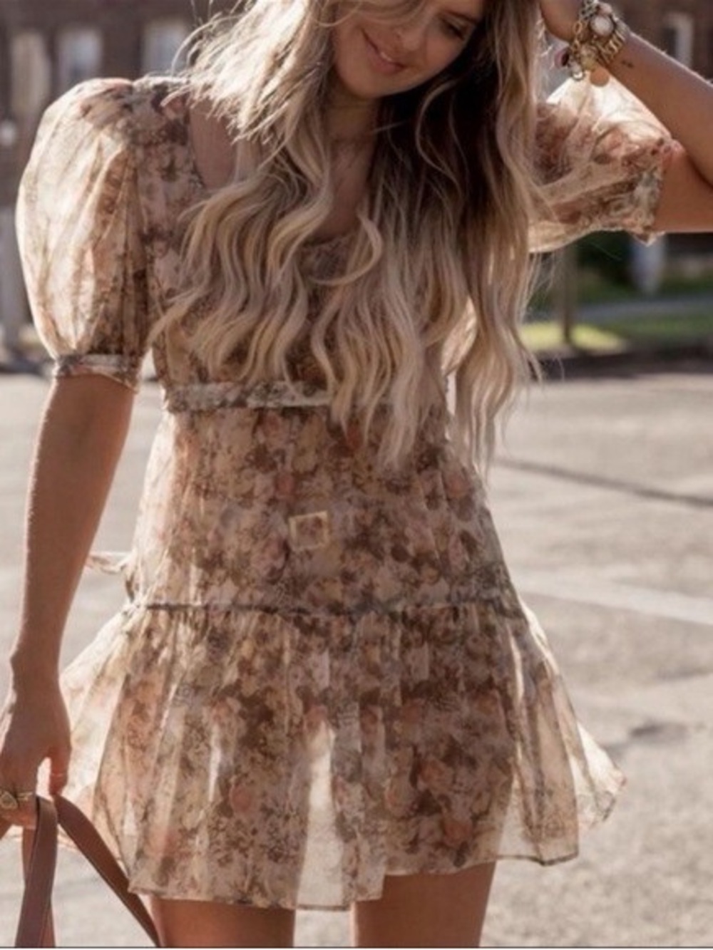 DANIELLE BERNSTEIN Beige Floral Puff-Sleeve Mini Dress